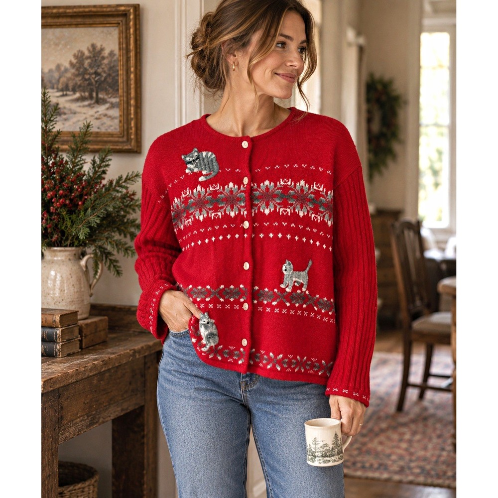 Susan Bristol Cardigan Sweater Women Large Red Cat Hand Embroidered Fair Isle